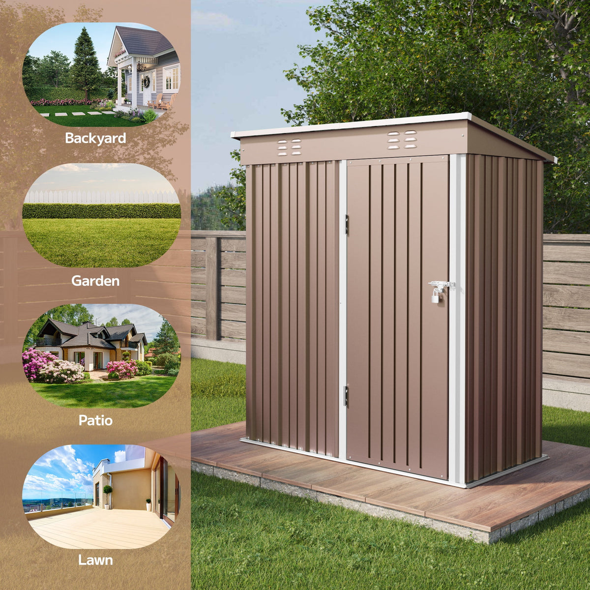 Asofer Outdoor Metal Storage Shed, 5' x 3' ft Lockable Single Door Garden Tool Shed, Brown for Backyard Patio