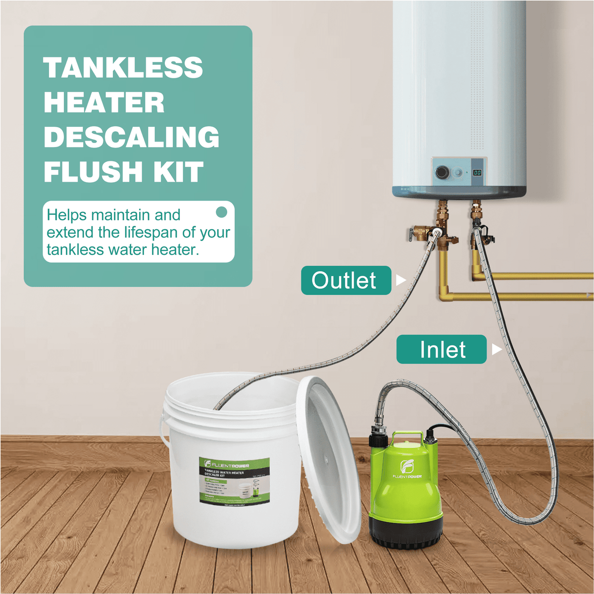 FLUENTPOWER Tankless Water Heater Descaling Kit, 1/4 HP Pump, 4 Gallon Bucket