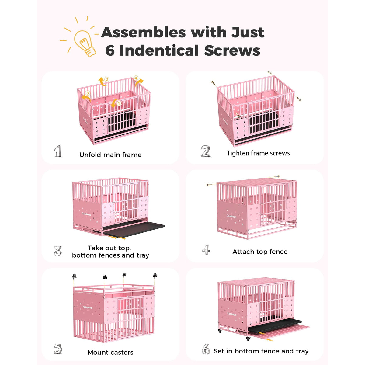 CAMMOO 48" Foldable Heavy Duty Dog Crate Cage for Large Dogs,XL Dog Kennel Indoor,4 Lockable Wheels,Widened Floor Panel,Adjustable Internal Height