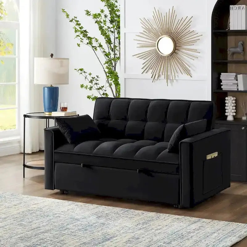 Velvet Pull-Out Sleeper Loveseat - Convertible Reclining Couch With Dual Side Storage Pockets