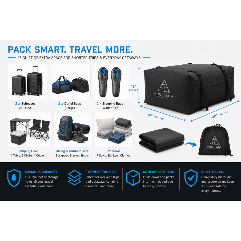 Journeyer - 15 Cubic Feet Weatherproof Rooftop Cargo Carrier for Top of Vehicle, Attaches With or Without Roof Rack