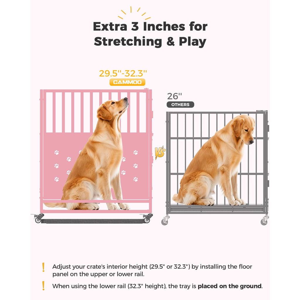 CAMMOO 48" Foldable Heavy Duty Dog Crate Cage for Large Dogs,XL Dog Kennel Indoor,4 Lockable Wheels,Widened Floor Panel,Adjustable Internal Height