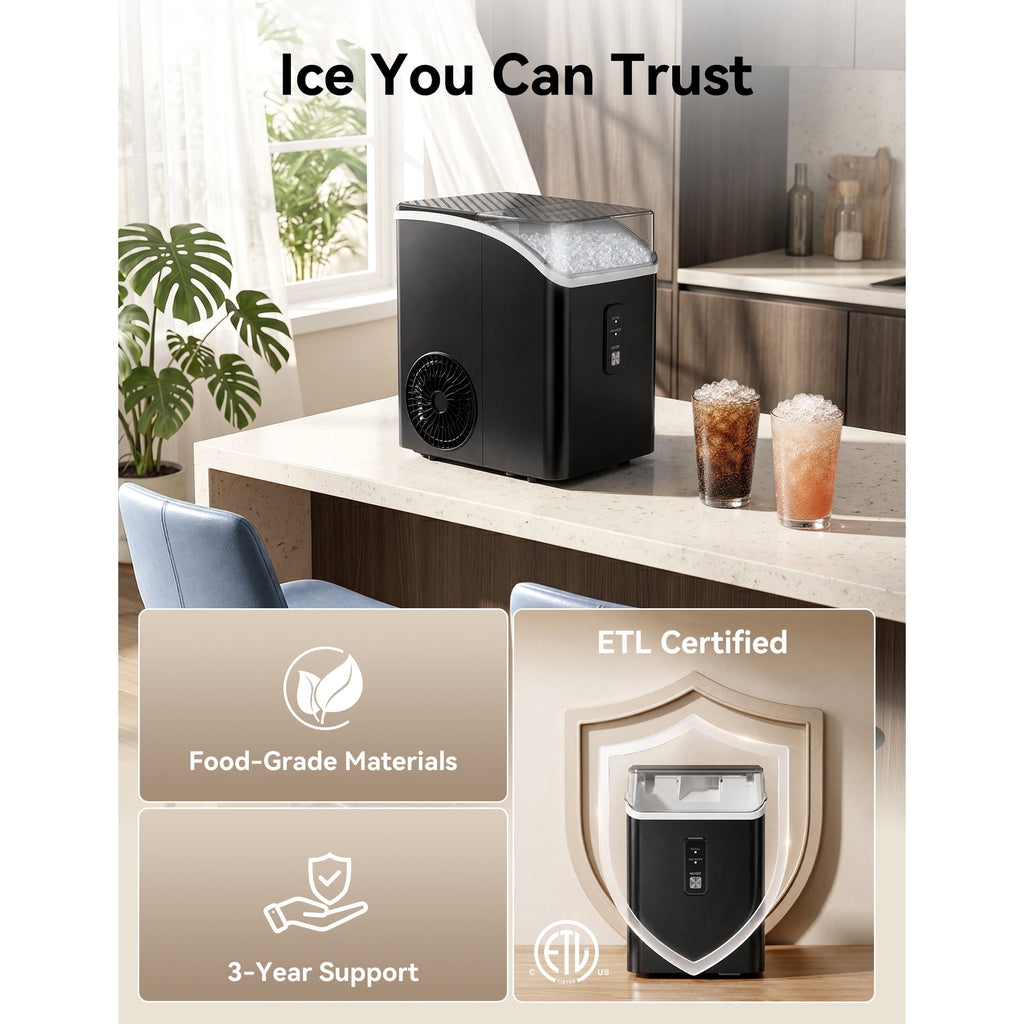 Goosiay Slim Countertop Nugget Ice Maker Machine, 33lb per Day Mini Compact Chewable Pebble Crushed Portable Ice Maker, Black