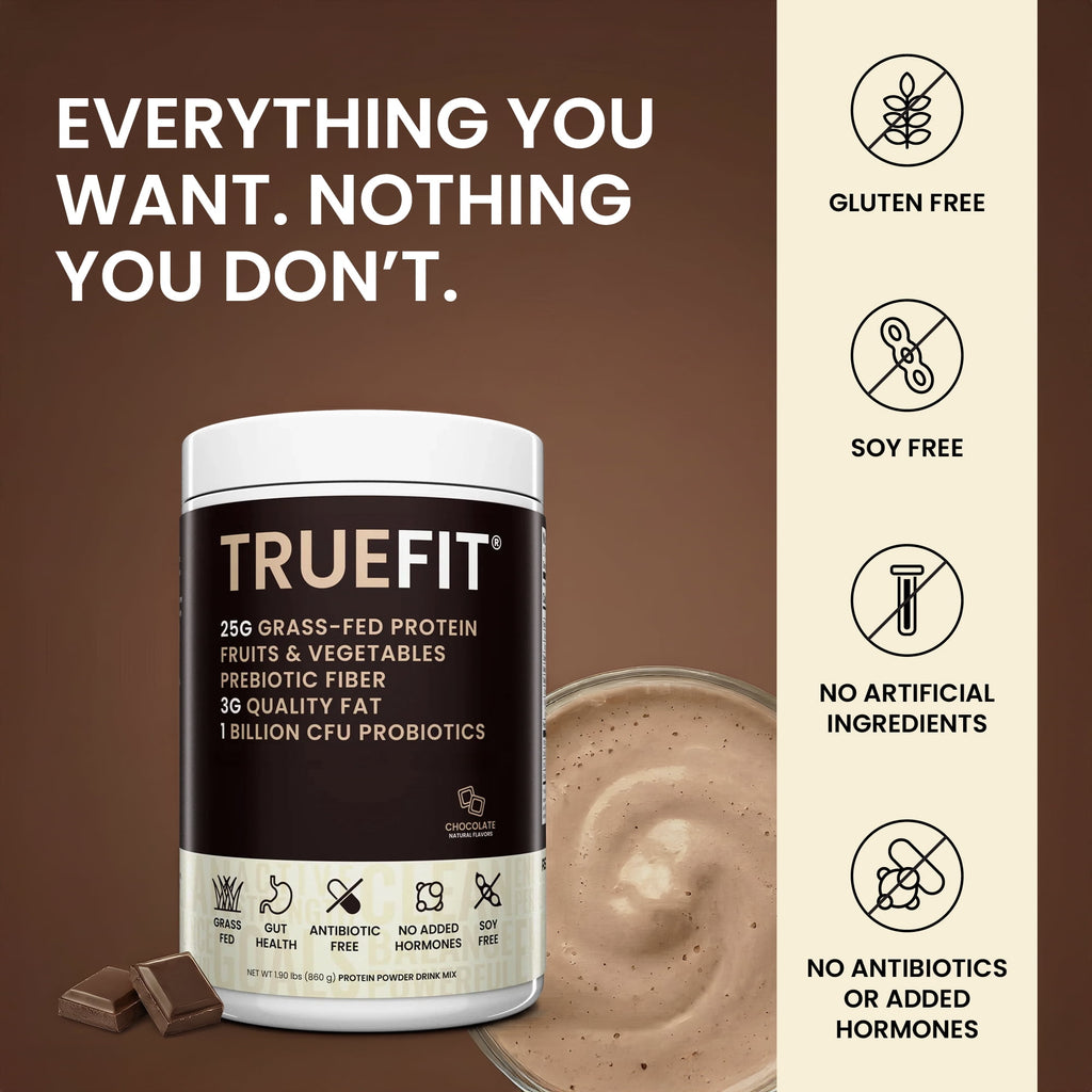 TrueFit High Fiber Protein Powder, Grass-Fed Whey Meal Replacement Shake with Prebiotics, Probiotics, & Organic Superfoods, Keto Friendly, Gluten Free