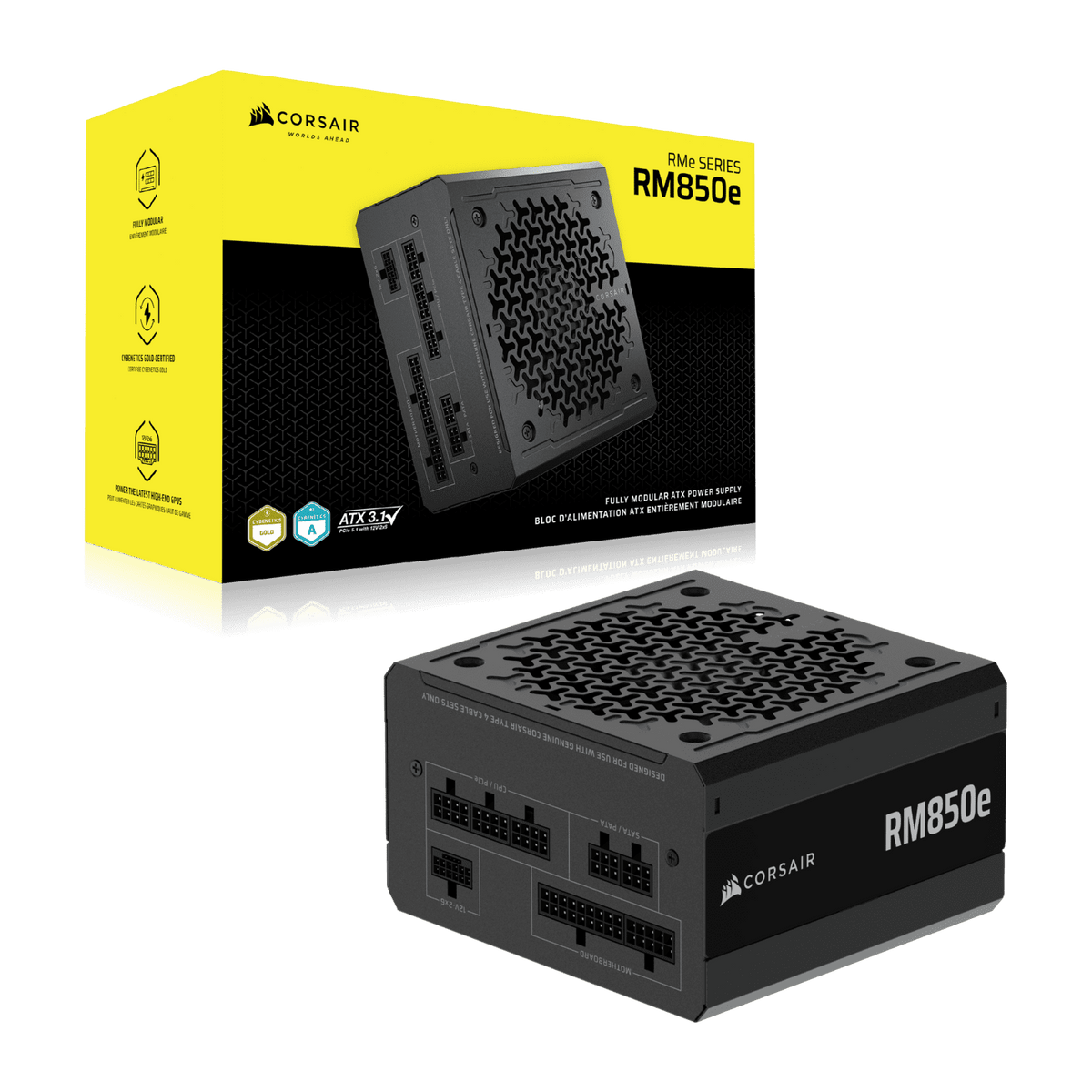 CORSAIR RM850e Fully Modular Low-Noise ATX Power Supply, ATX 3.1 & PCIe 5.1 Compliant, 105°C-Rated Capacitors, Cybenetics Gold Efficiency