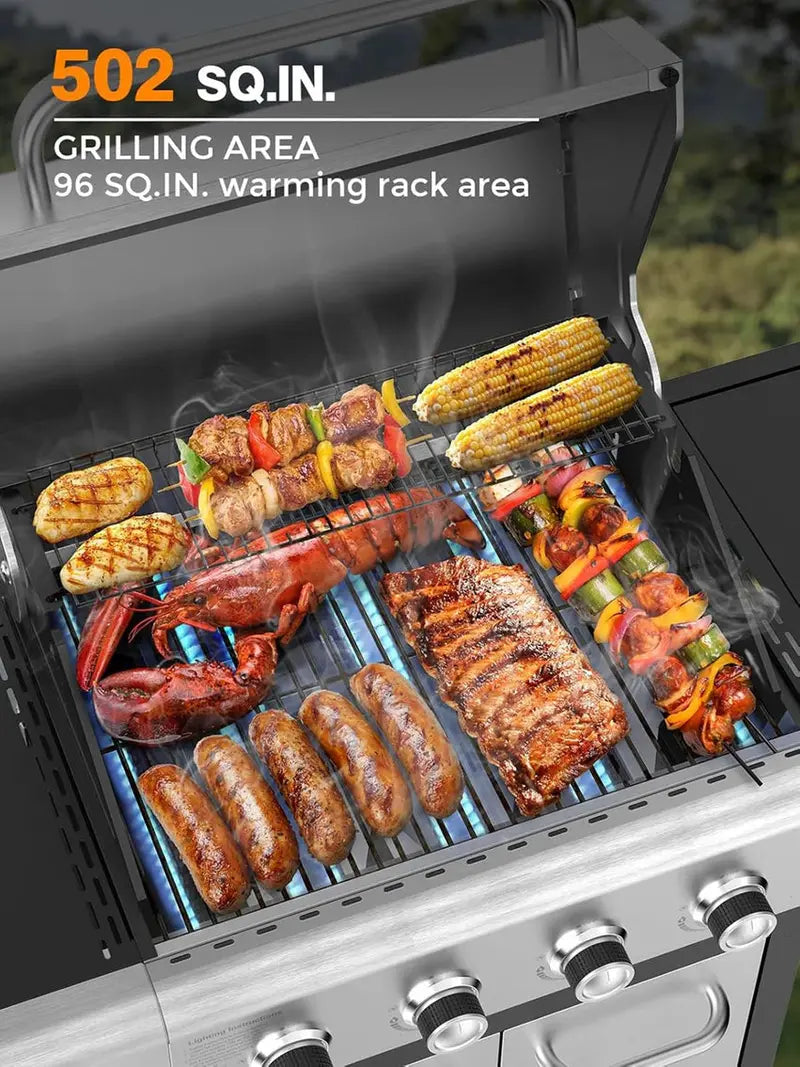 COWSAR 4-Burner Propane Gas Grill With Stainless Steel Burners, 44,000 BTU - 50.79in D x 21.65in W x 46.06in H