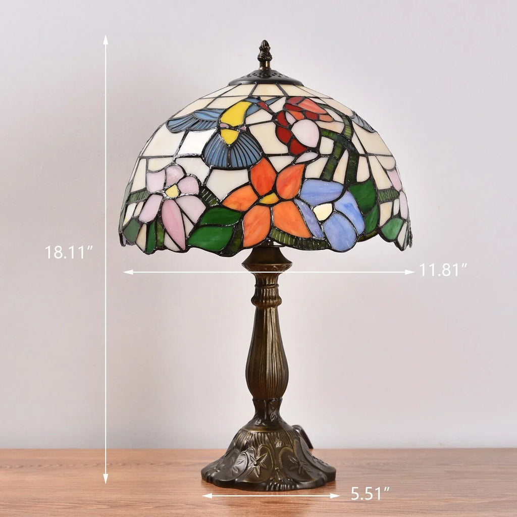 Tiffany Style Stained Glass Hummingbird Table Lamp 12in Shade, 18in Tall