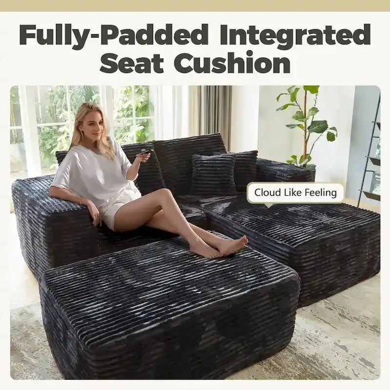 HOOOWOOO Plush L-Shaped Sectional Sofa With Detachable Ottoman - 80L*69.3W*35.4H*59D
