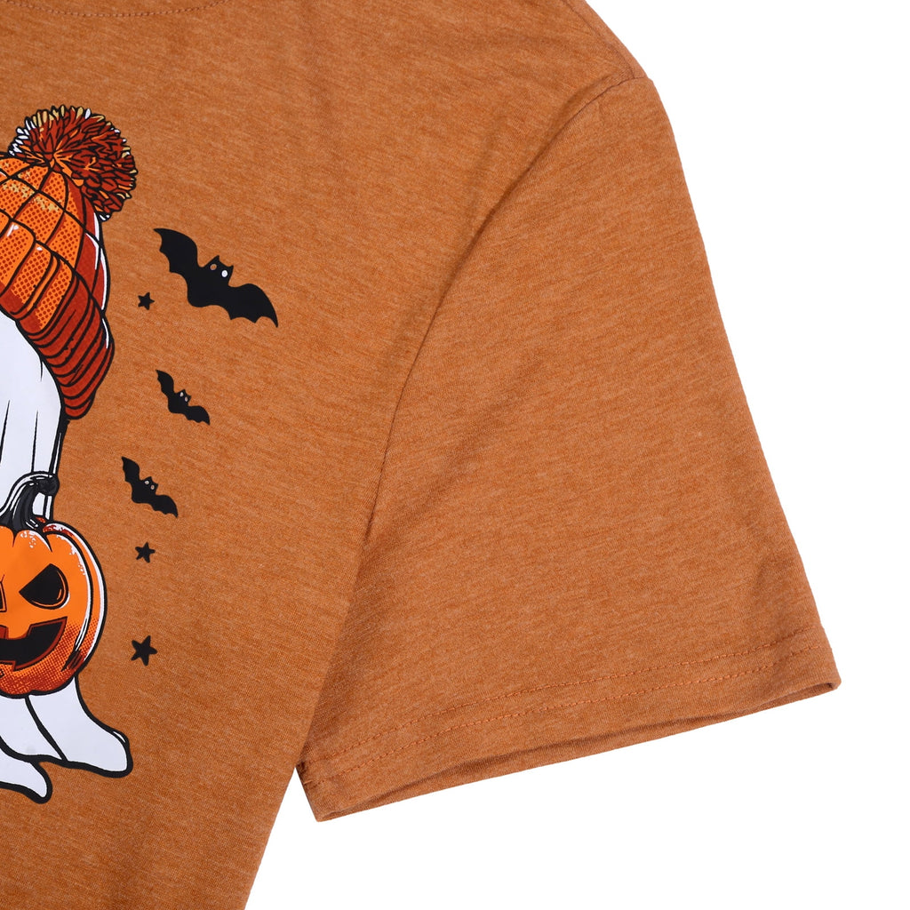 KimSoong Women Halloween T-Shirt Cute Ghost Fall Pumpkin Graphic Shirt Coffee Lover Tees Short Sleeve Tops