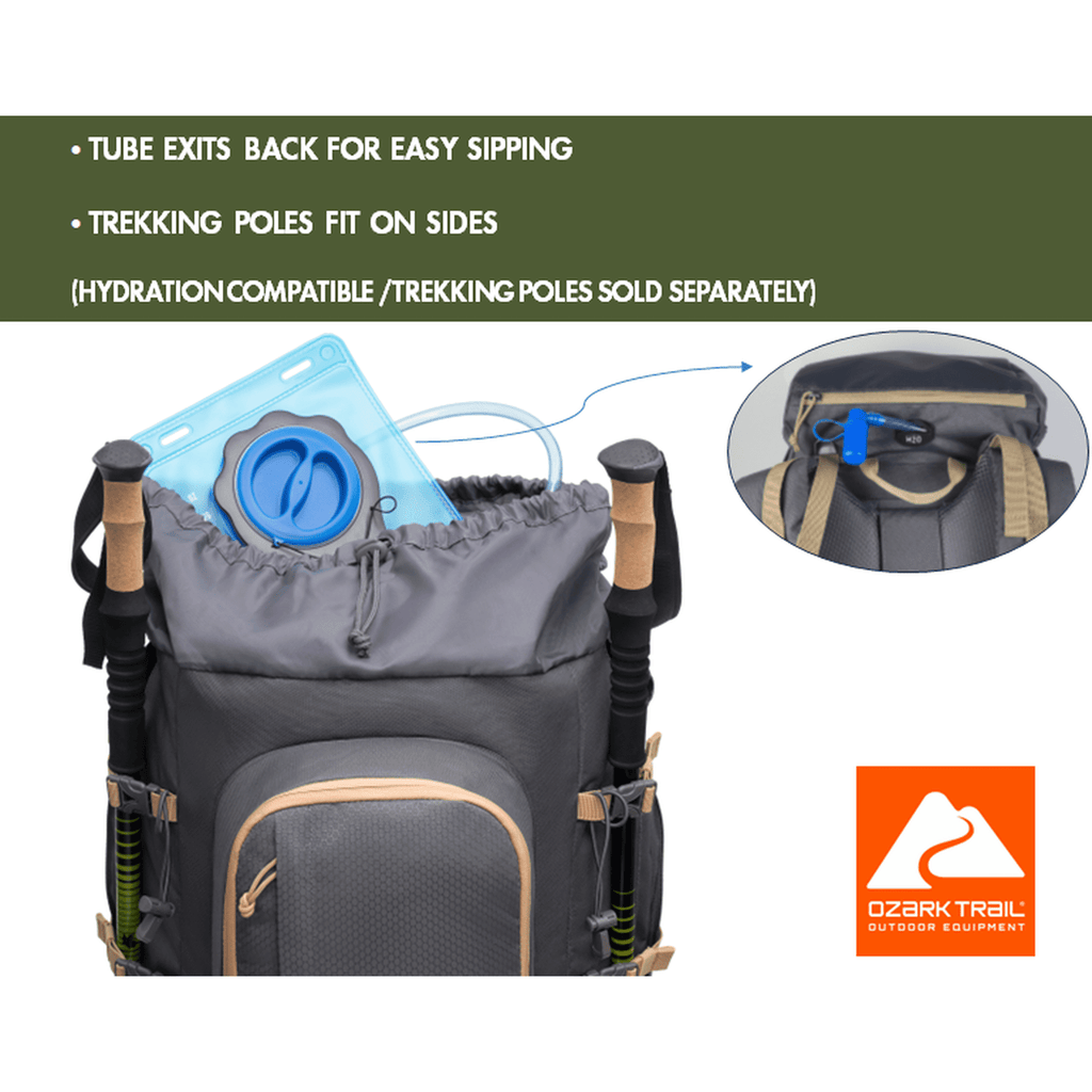 Ozark Trail Adult 60L Hiking Backpack, 420D Hexagon/600D Polyester, Tan and Gray