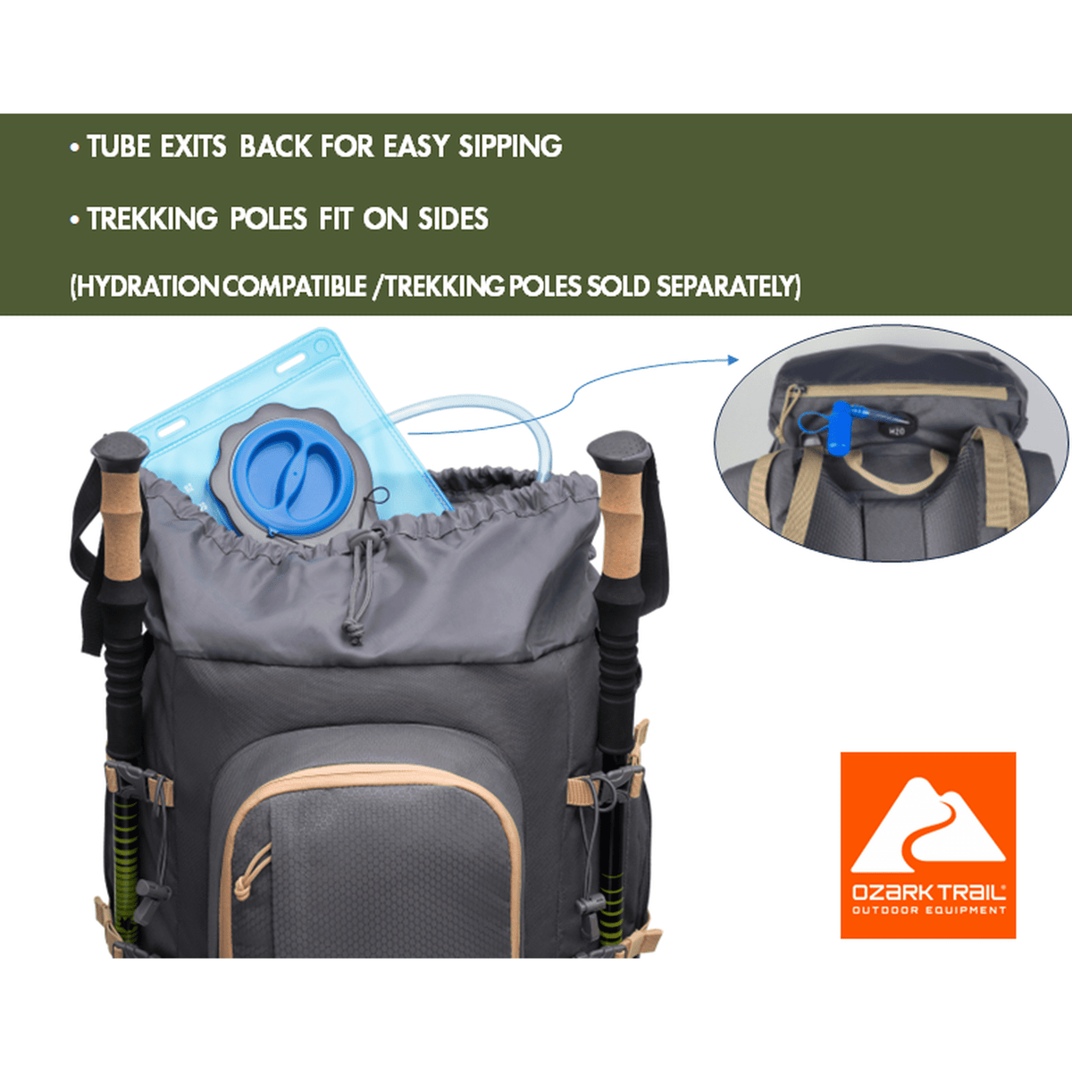 Ozark Trail Adult 60L Hiking Backpack, 420D Hexagon/600D Polyester, Tan and Gray