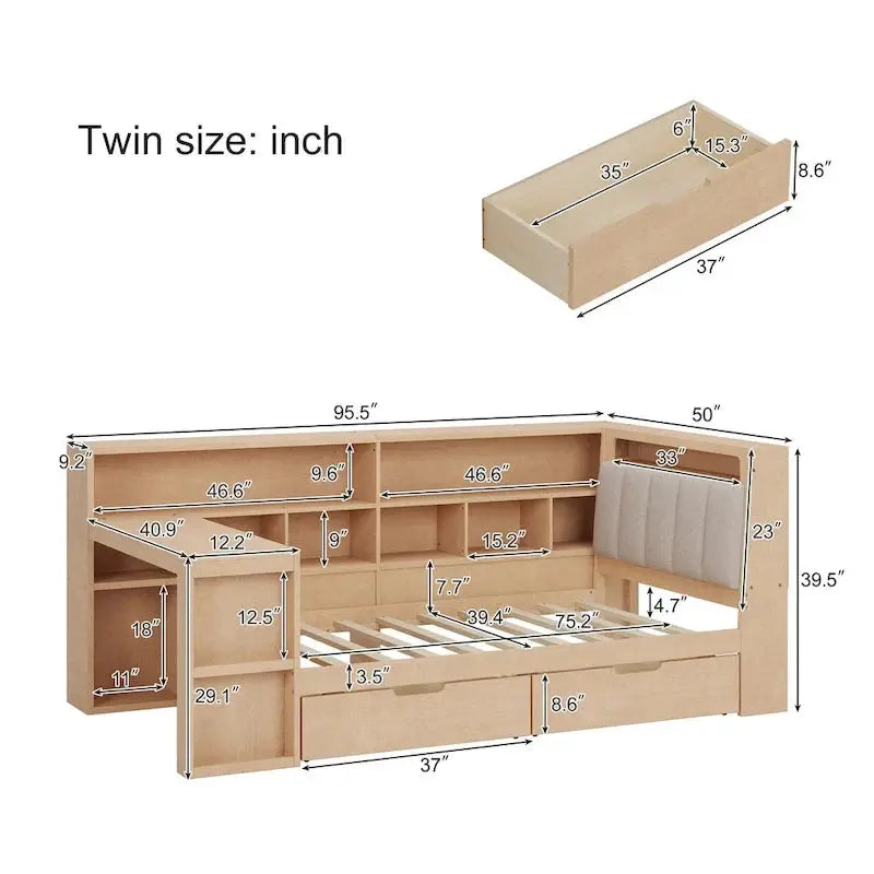 Ivery Furniture L-Shaped Upholstered Daybed With Desk, Bookcase, LED Headboard And Storage