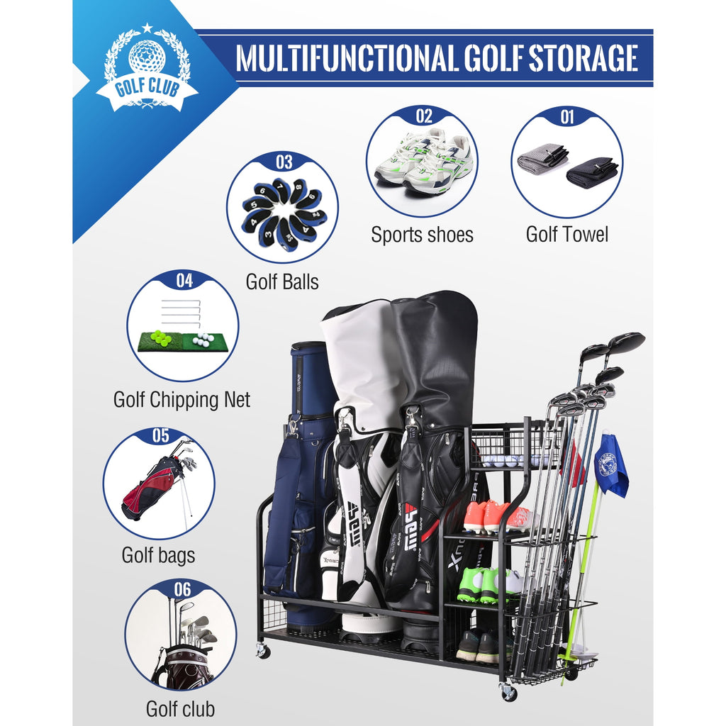 Mythinglogic Golf Bags Storage Rack with Wheels, Holds 3 Bags, Garage Organizer