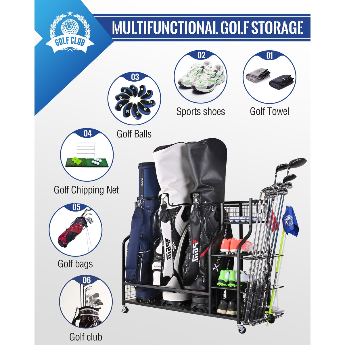 Mythinglogic Golf Bags Storage Rack with Wheels, Holds 3 Bags, Garage Organizer