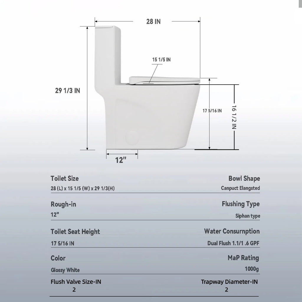 Alvantor One-Piece Toilet, 1.1/1.6 GPF Powerful Dual Flush Elongated Toilet, Soft Closing Seat White