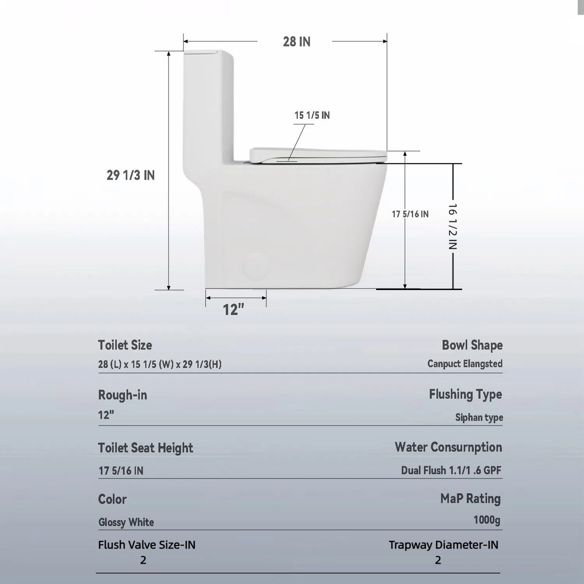 Alvantor One-Piece Toilet, 1.1/1.6 GPF Powerful Dual Flush Elongated Toilet, Soft Closing Seat White