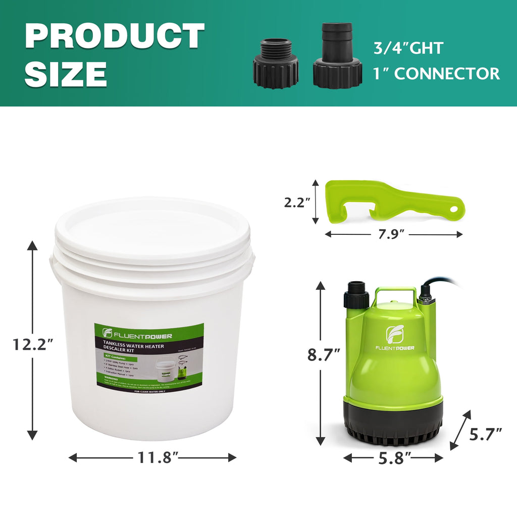 FLUENTPOWER Tankless Water Heater Descaling Kit, 1/4 HP Pump, 4 Gallon Bucket