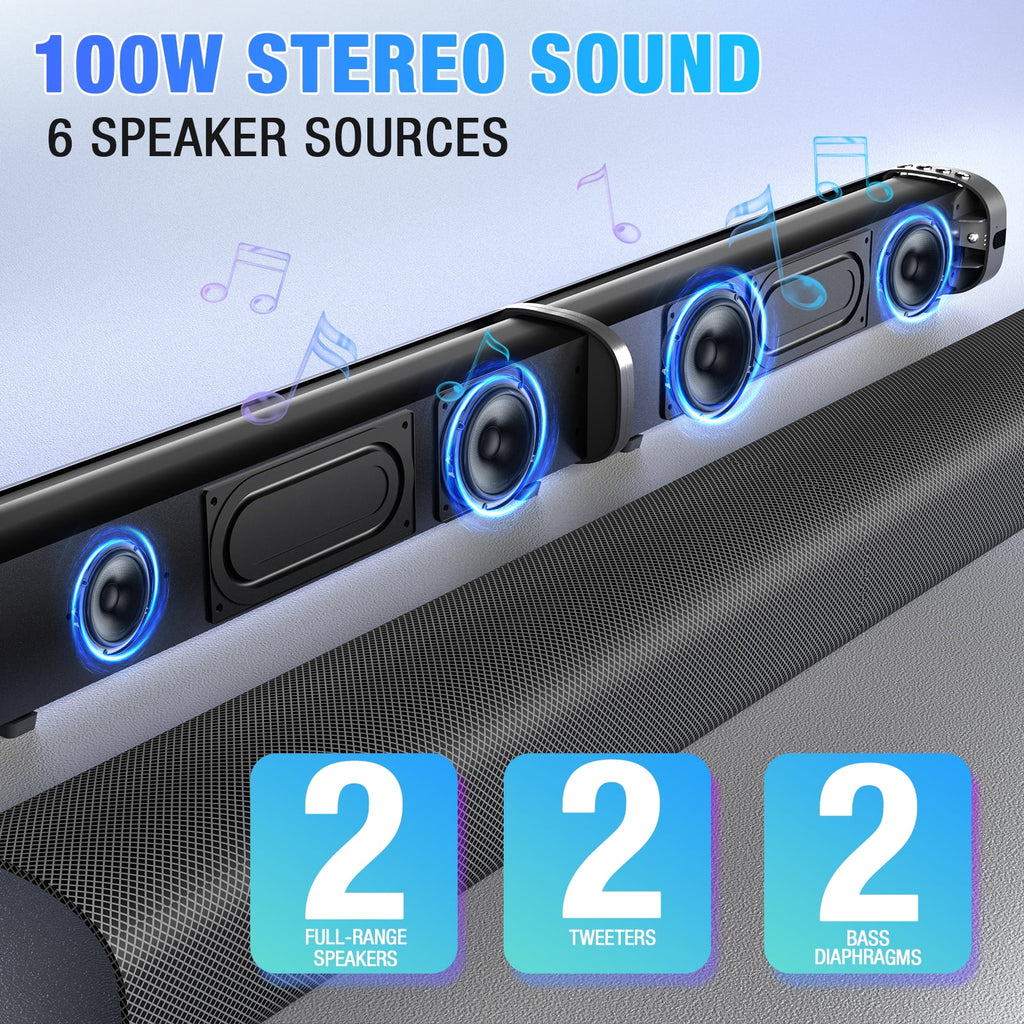 Sound Bar for Smart TV, 100W Bluetooth 5.3 Soundbar, 2-in-1 Detachable Sound Bar for TV, ARC/Optical/AUX, Surround Sound System for TV, Home Theater
