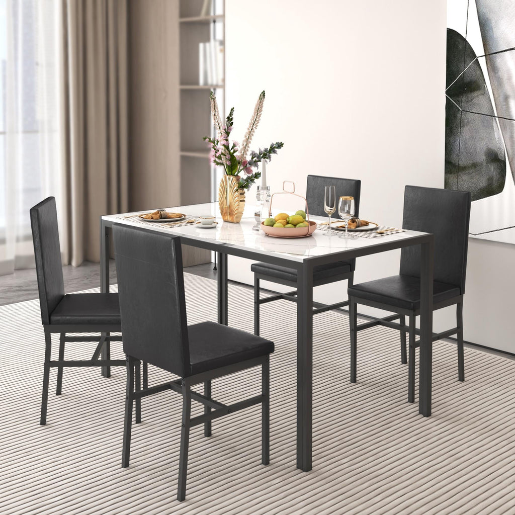 5 Piece Kitchen Dining Table and Chair Set, Dining Room Table Set with Faux Marble Table PU Leather Padded Chairs, Rectangle Dining Table Set for 4