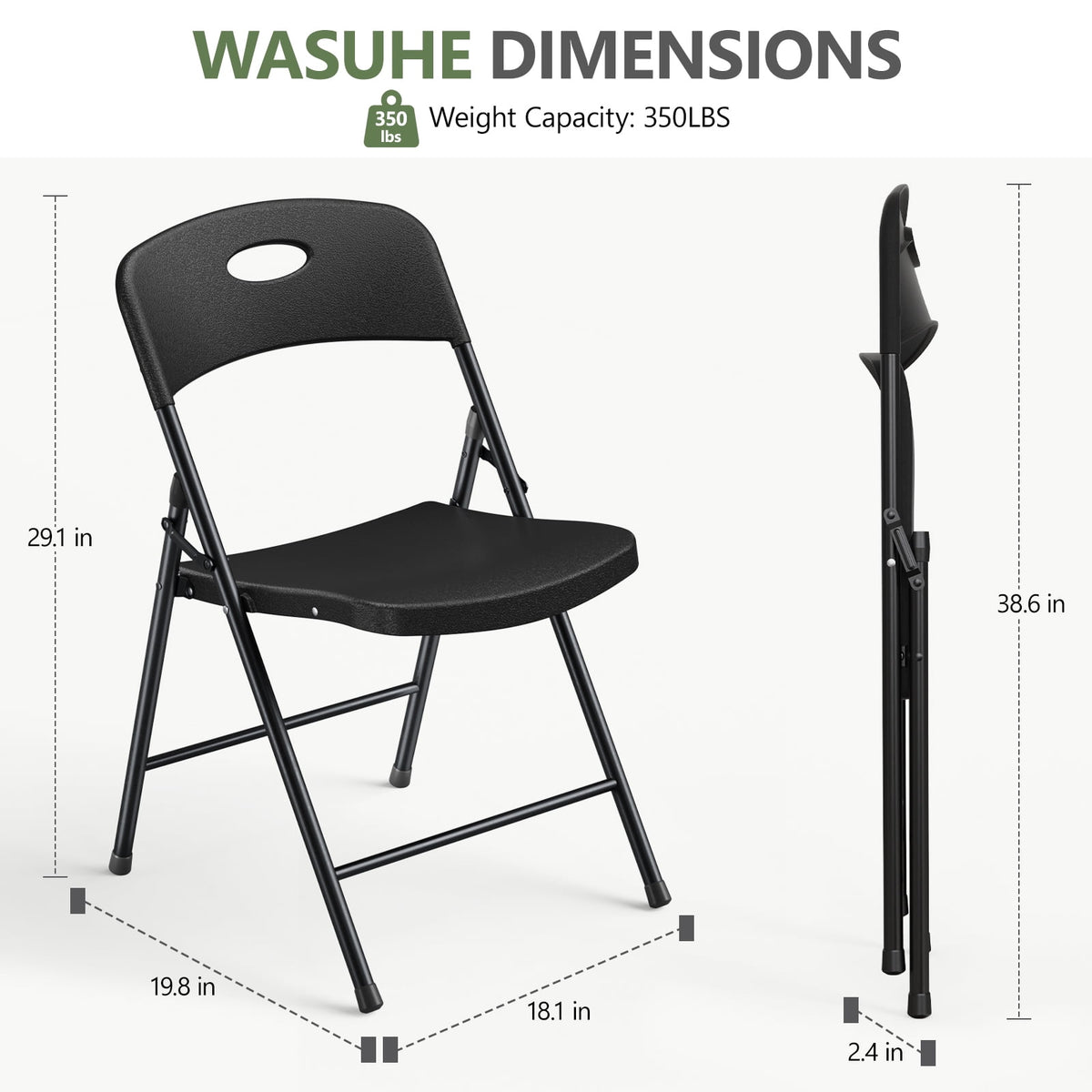 WASUHE 4 Pack Black Folding Chairs with Enhanced Iron Frame, Stackable Plastic Folding Chairs for Party, Wedding, Meeting Room, Weight Capacity 350