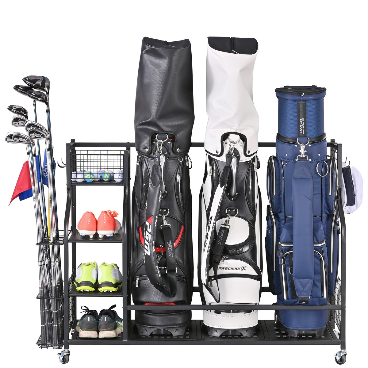 Mythinglogic Golf Bags Storage Rack with Wheels, Holds 3 Bags, Garage Organizer