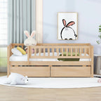 Holaki Twin Size Wood Kids' Bed With Guardrails And 2 Storage Drawers, Gray