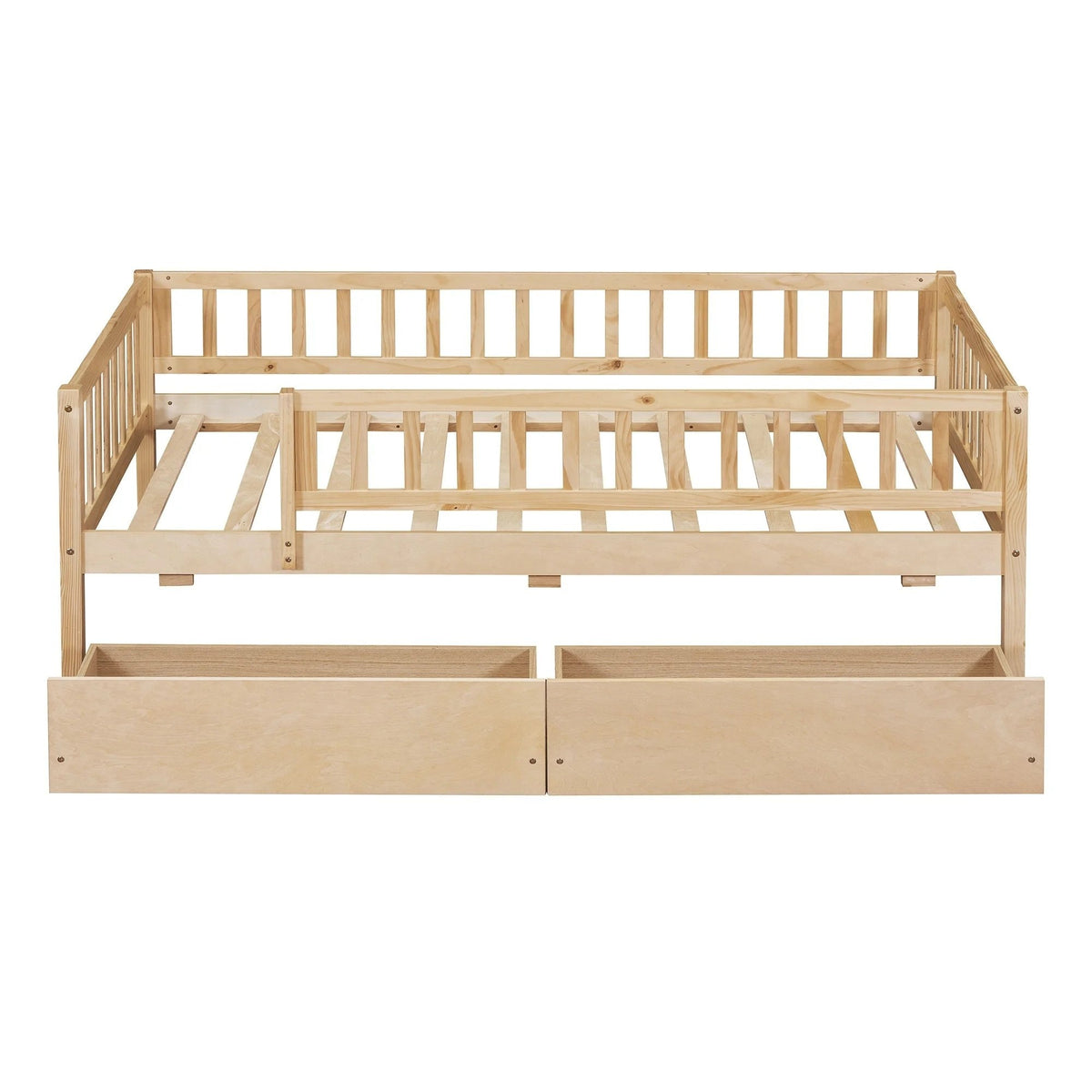 Holaki Twin Size Wood Kids' Bed With Guardrails And 2 Storage Drawers, Gray