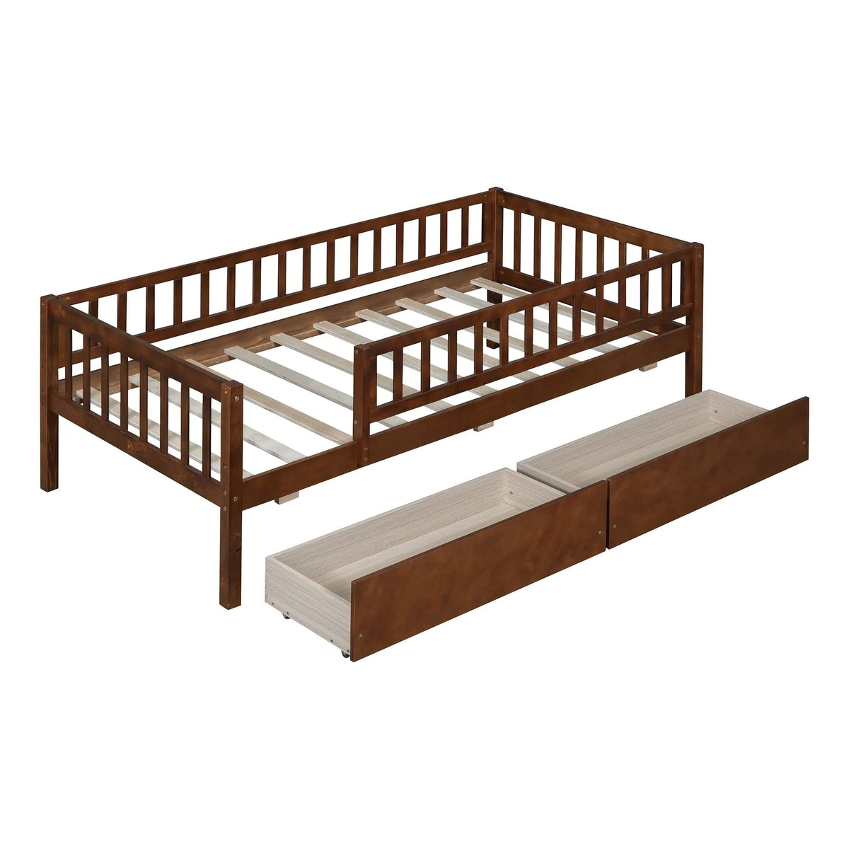 Holaki Twin Size Wood Kids' Bed With Guardrails And 2 Storage Drawers, Gray