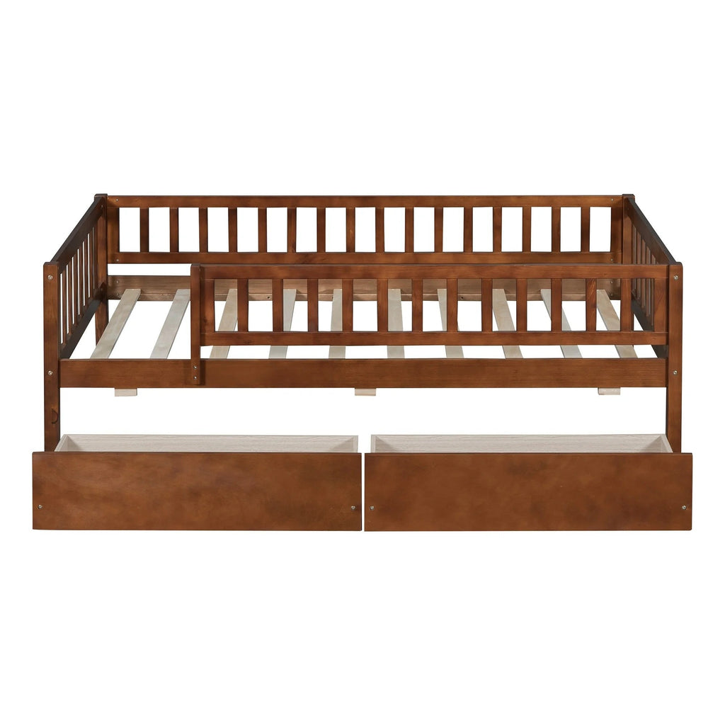 Holaki Twin Size Wood Kids' Bed With Guardrails And 2 Storage Drawers, Gray