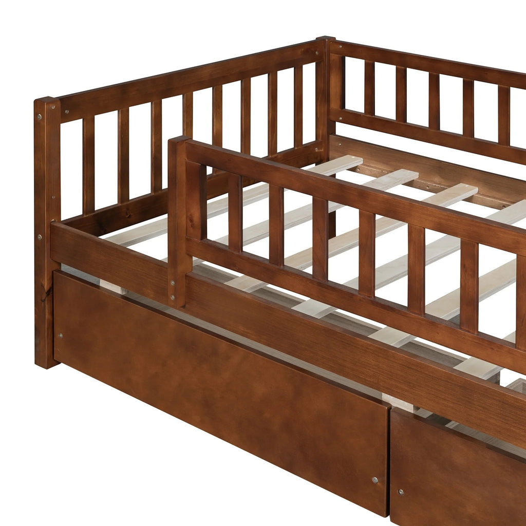 Holaki Twin Size Wood Kids' Bed With Guardrails And 2 Storage Drawers, Gray