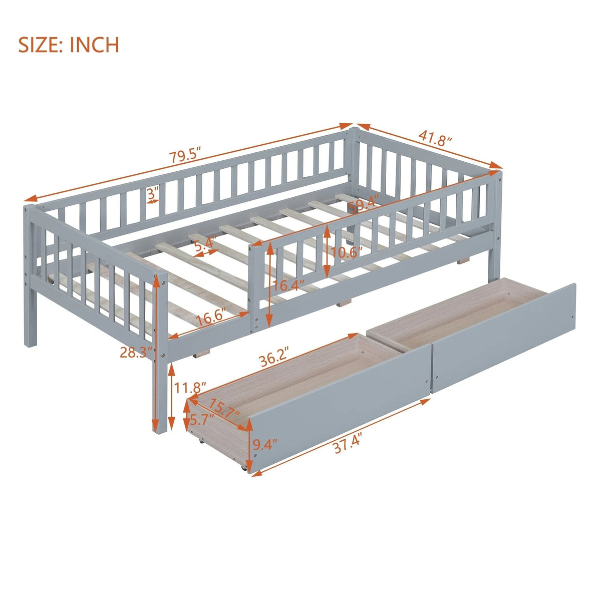 Holaki Twin Size Wood Kids' Bed With Guardrails And 2 Storage Drawers, Gray