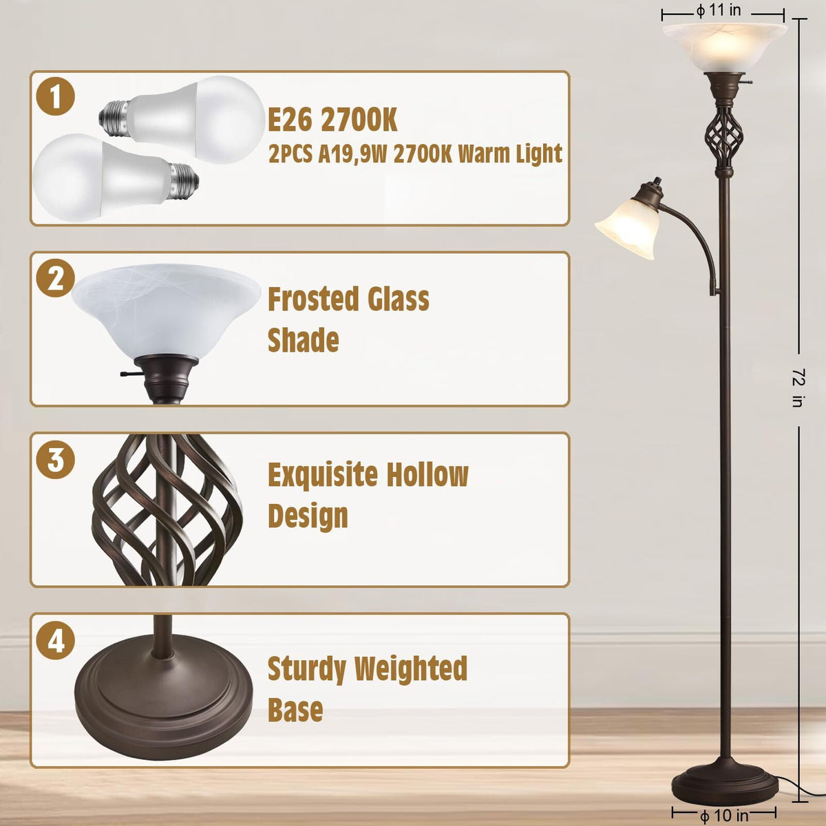 NATYSWAN Torchiere Floor Lamp for Living Room, LED Standing Reading Light for Bedroom with Glass Shade for Living Room Corner Bedroom Home Office