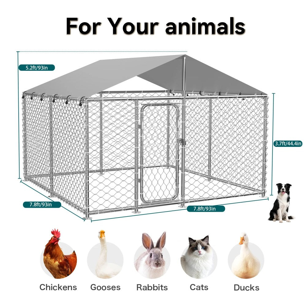 YOKWOK Outdoor Dog Kennel With Roof, 7.5X7.5ft, Silver - Outdoor Dog Crate