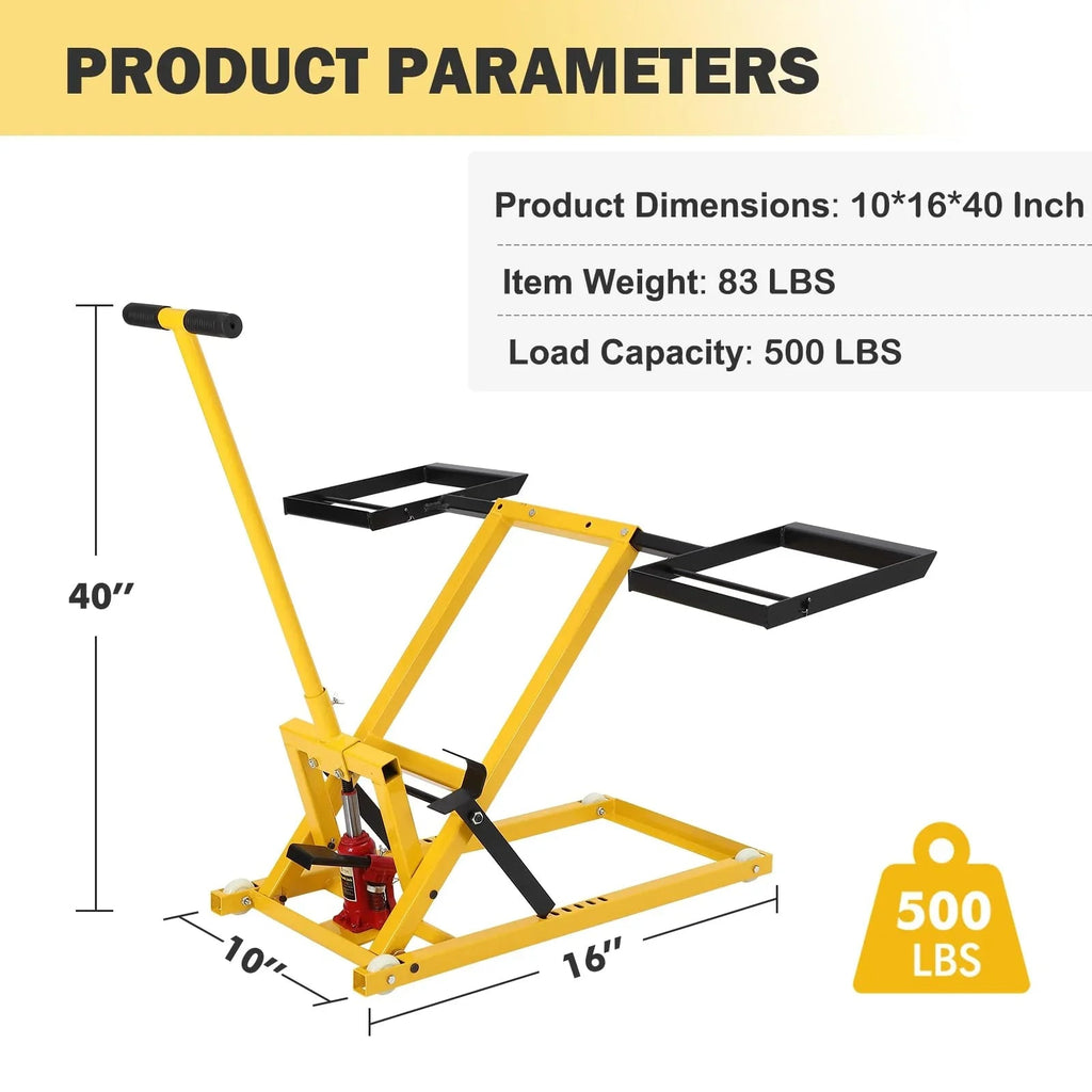 Lawn Mower Lift With Hydraulic Jack, 26 Inches, 500 LBS Capacity, Yellow - PHO_13L5VR2X2L