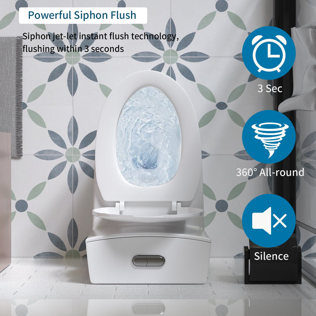 Alvantor One-Piece Toilet, 1.1/1.6 GPF Powerful Dual Flush Elongated Toilet, Soft Closing Seat White