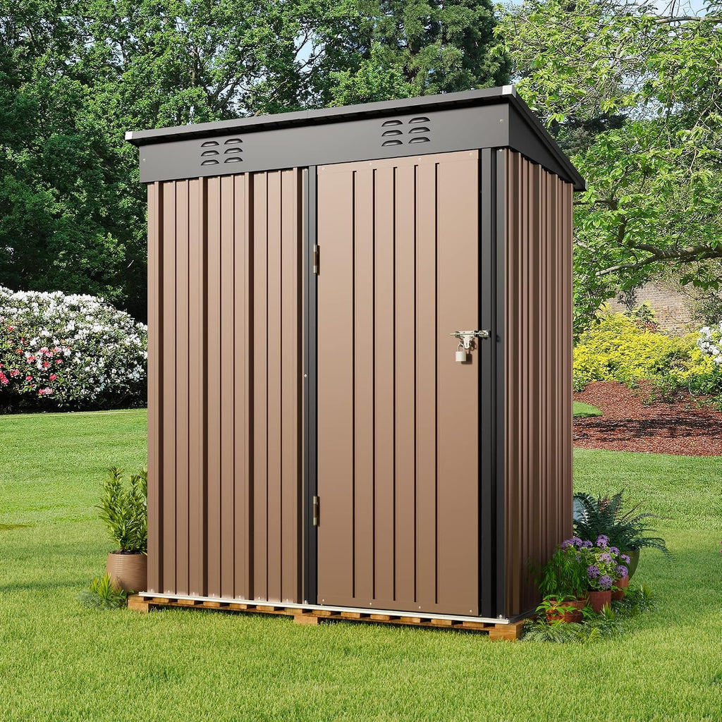 Asofer Outdoor Metal Storage Shed, 5' x 3' ft Lockable Single Door Garden Tool Shed, Brown for Backyard Patio