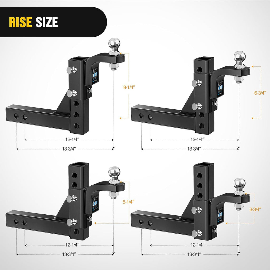 Nilight 8-Position Adjustable Trailer Hitch Ball Mount with 2 inch Ball Fits 2 Inch Receiver with 5/8" Pin Lock 7500 lbs, 9-1/2" Drop, 8-1/4" Rise