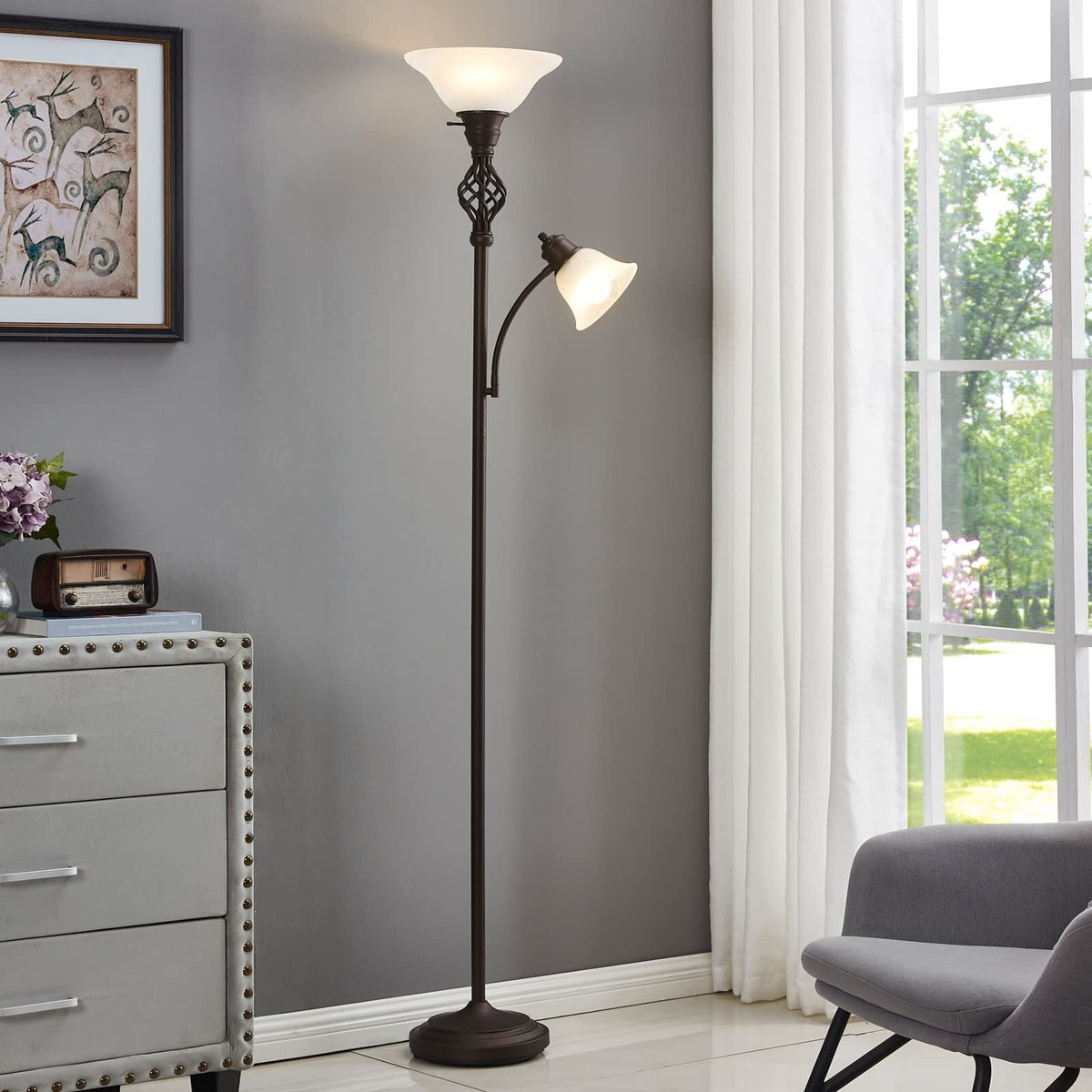 NATYSWAN Torchiere Floor Lamp for Living Room, LED Standing Reading Light for Bedroom with Glass Shade for Living Room Corner Bedroom Home Office