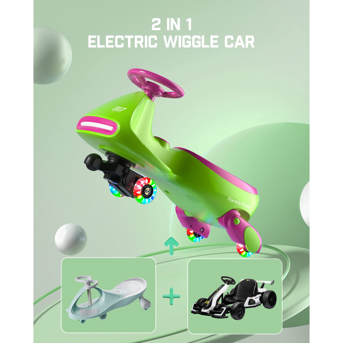 FanttikRide 12V N7 Pro Electric Wiggle Car with Pedal, 2-in-1 Kids Ride On Toy, Rechargeable Battery, 2-Speed, Anti-Rollover, Flashing Wheels