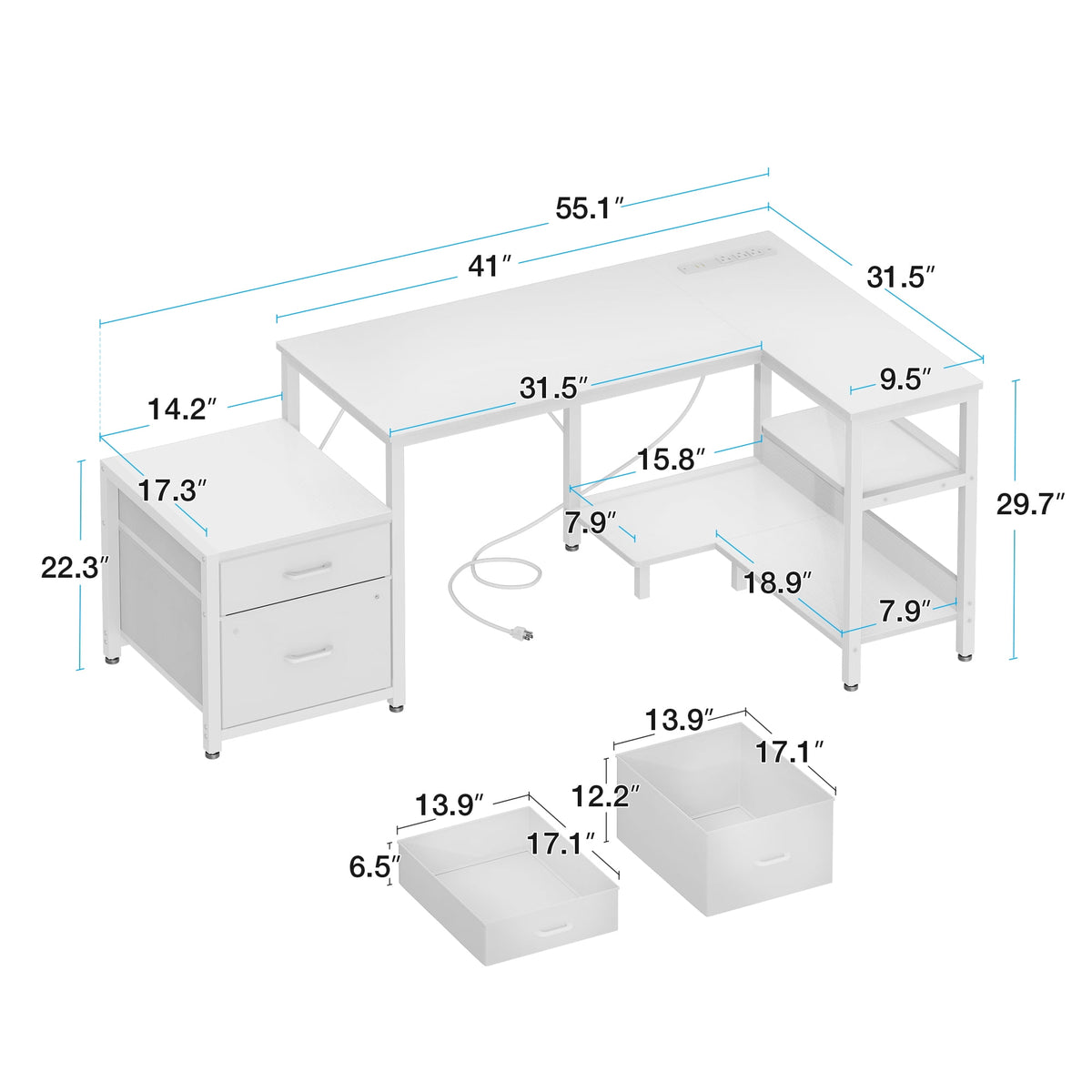 Casacomoda L Shaped Desk with Power Outlets, Large Computer Desk with File Drawer, Home Office Desk with Printer Stand & Storage Shelves, Corner Desk