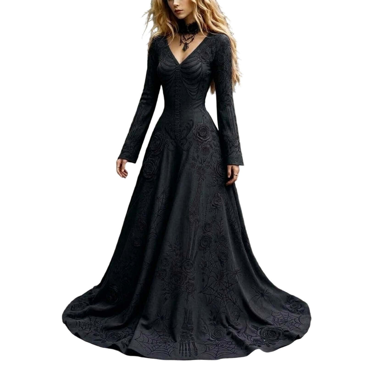 KICILVS Gothic Clothes For Women Black Spiderweb And Spider Print Flowing V Neck Long Maxi Dress Halloween Cosplay Gothic Party Dress